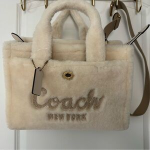 Coach Cream Plush Shearling Tote with Gold Hardware